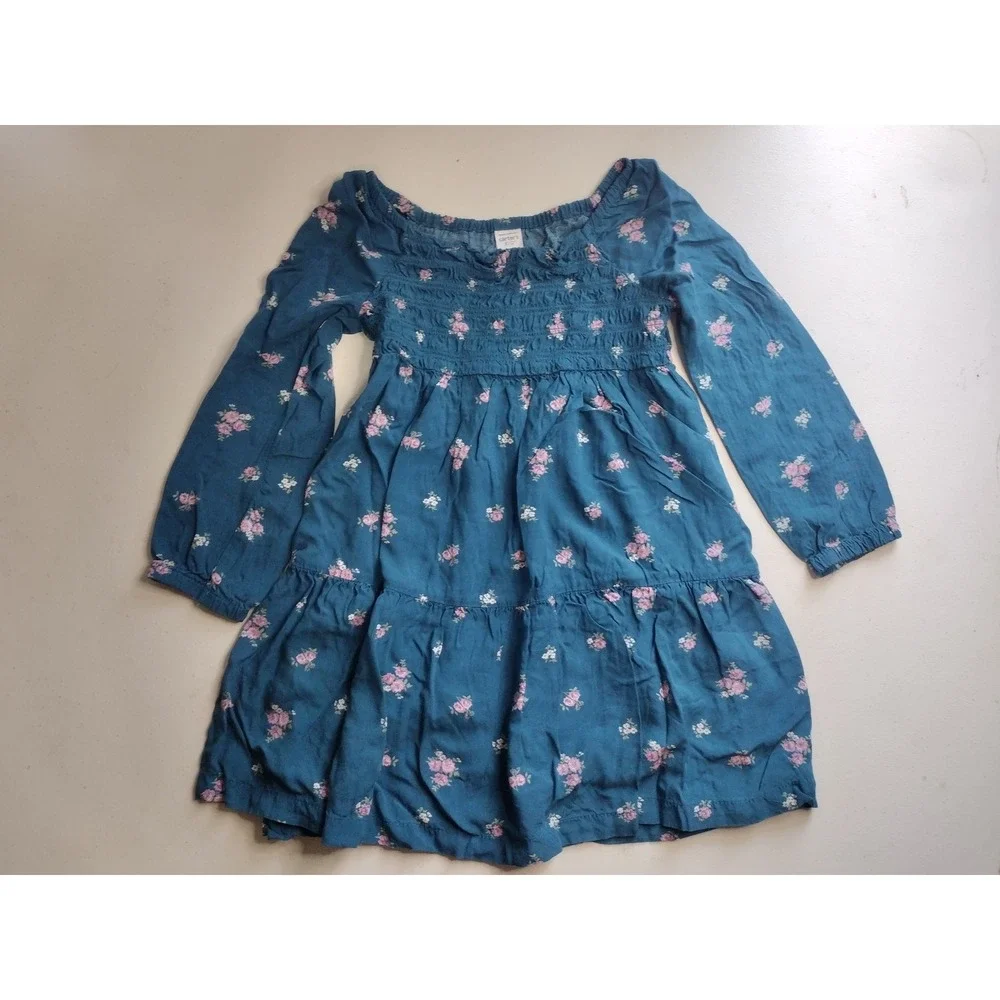Carters Kid Girls Teal Blue Floral‎ Smocked Tiered Ruffle Dress Size 6 6x Rose